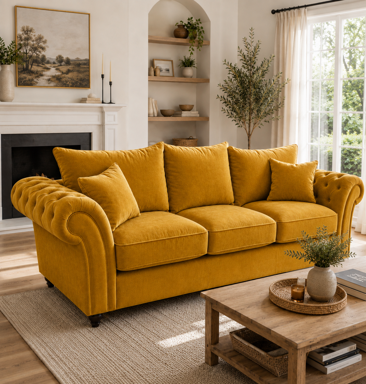 Nicole 3 Seater Plush Velvet Mustard Sofa - Detailed Angle View 4