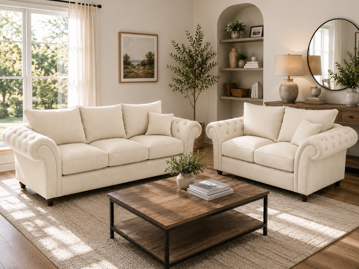 Nicole 3+2 Seater Plush Velvet Cream Sofa - Detailed Angle View 4