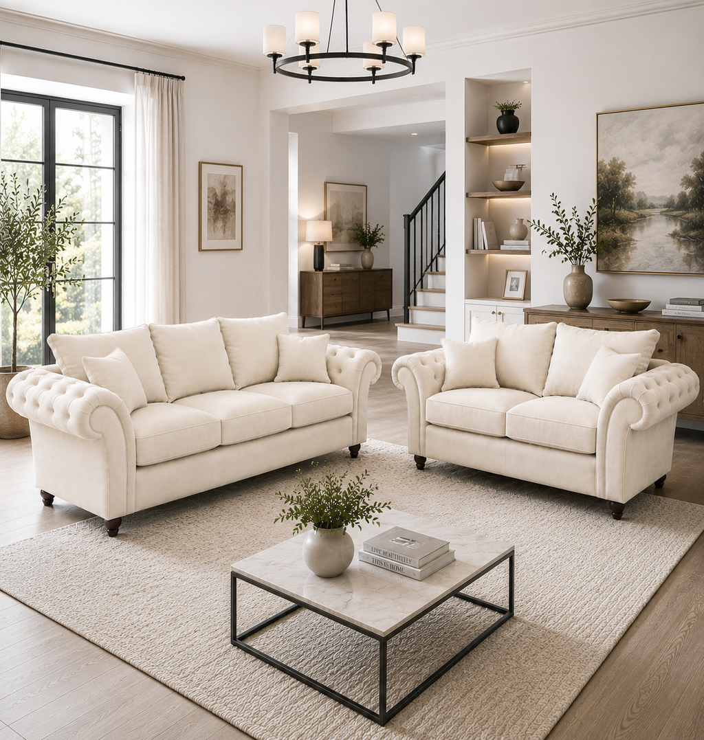 Nicole 3+2 Seater Plush Velvet Cream Sofa - Detailed Angle View 5