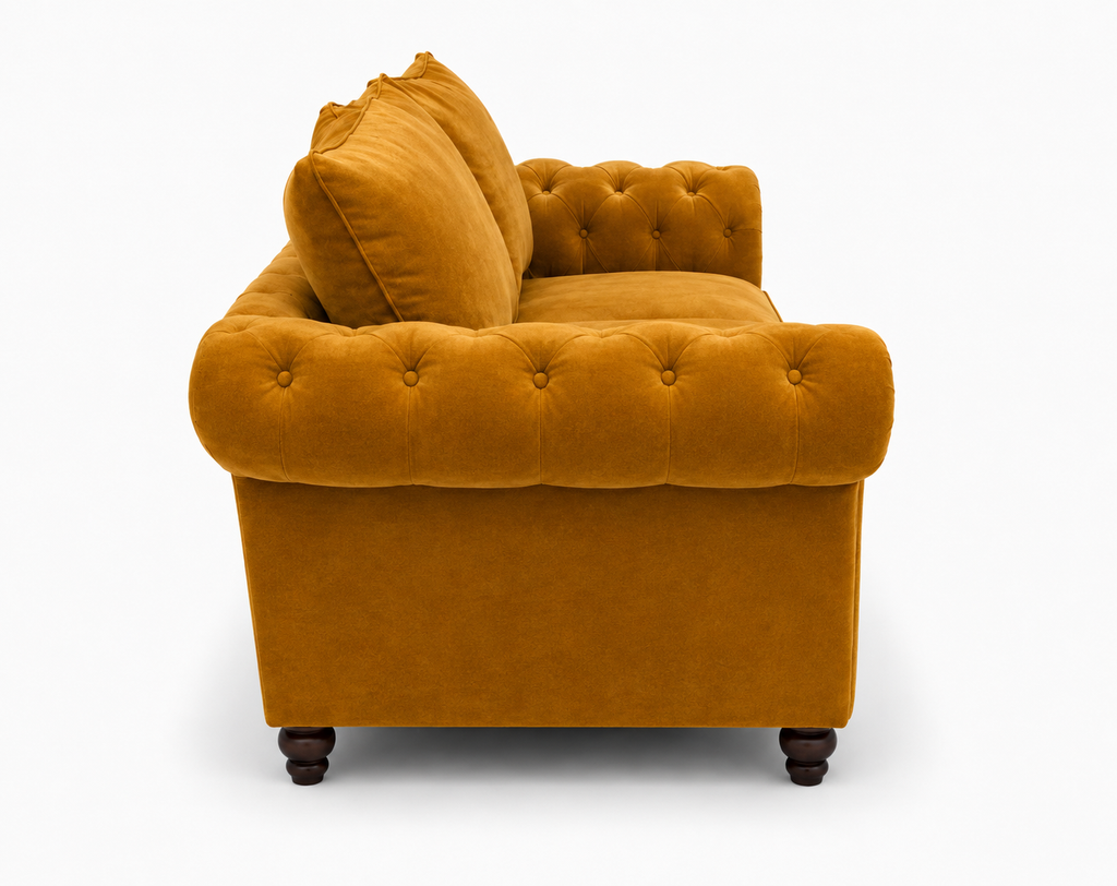 Nicole 3+2 Seater Plush Velvet Mustard Sofa - Detailed Angle View 2