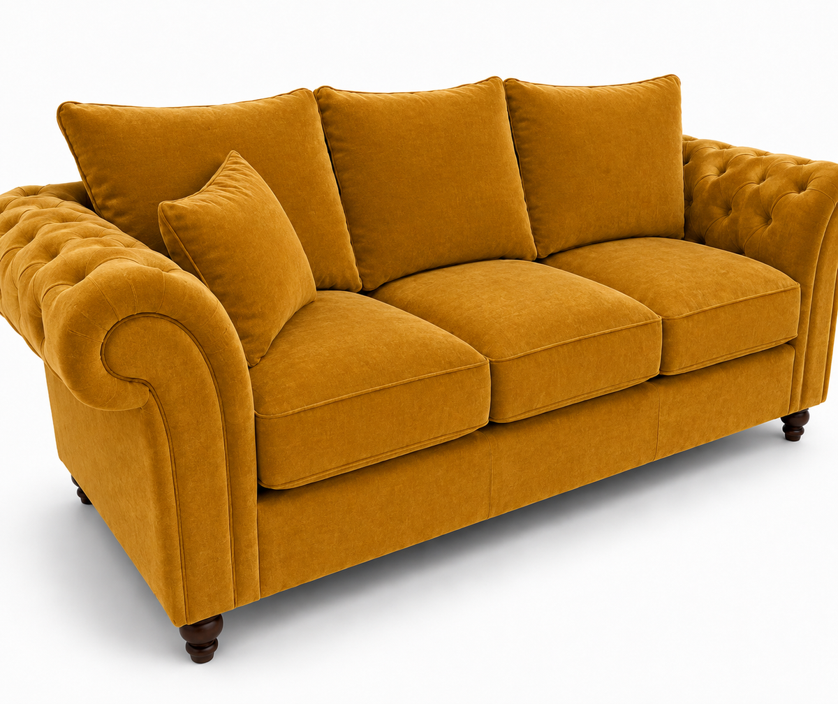 Nicole 3+2 Seater Plush Velvet Mustard Sofa - Detailed Angle View 3