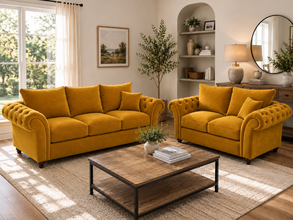 Nicole 3+2 Seater Plush Velvet Mustard Sofa - Detailed Angle View 4