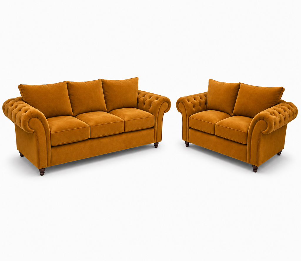 Nicole 3+2 Seater Plush Velvet Mustard Sofa - Luxury UK Living Room Showcase