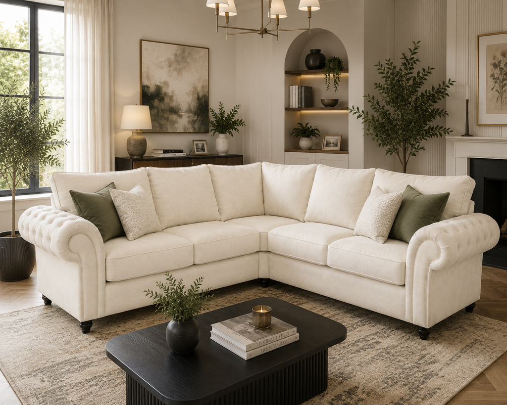 Nicole 5 Seater Corner Plush Velvet Cream Sofa - Detailed Angle View 4