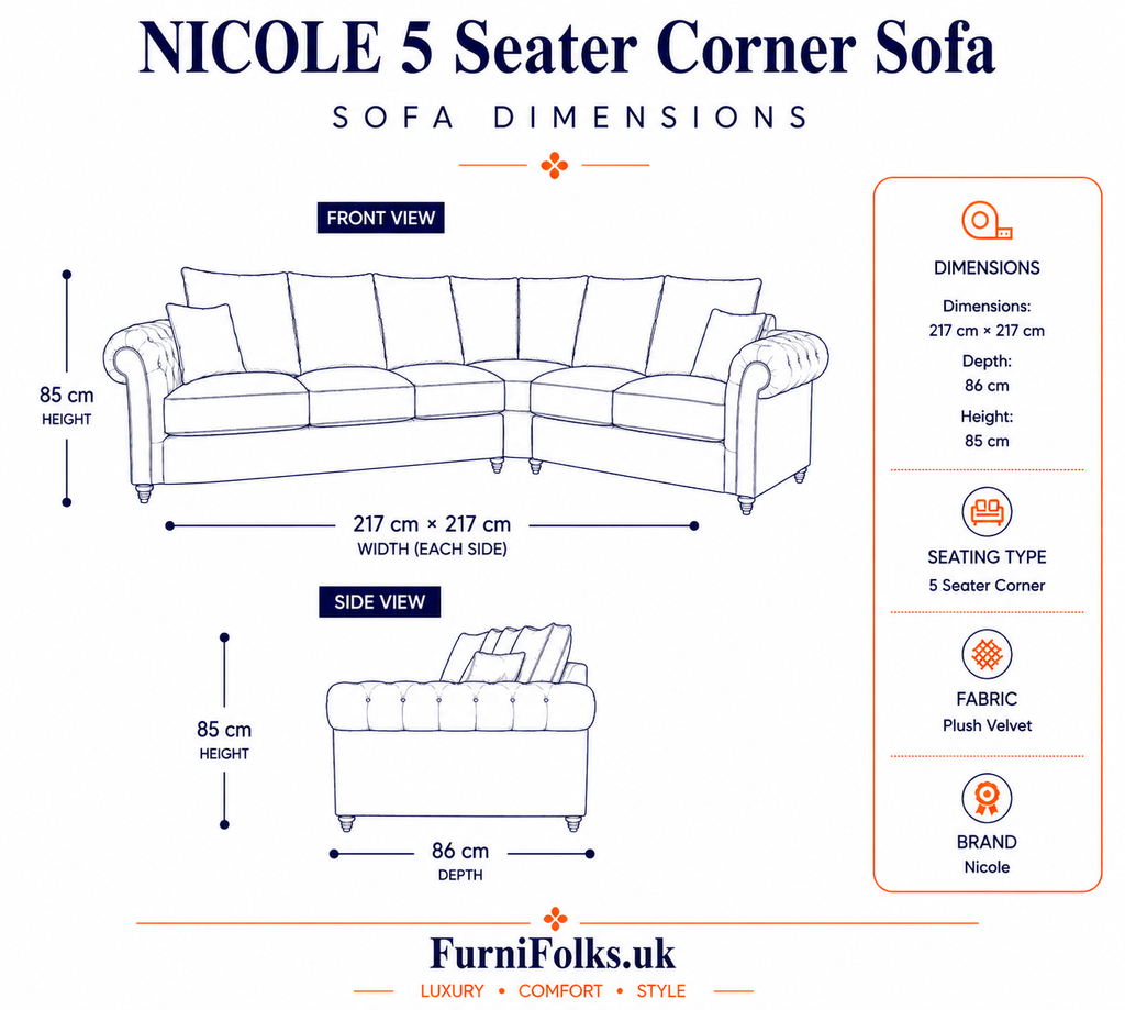 Nicole 5 Seater Corner Plush Velvet Cream Sofa - Detailed Angle View 6