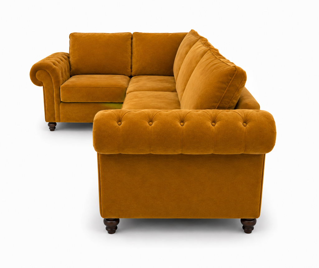 Nicole 5 Seater Corner Plush Velvet Mustard Sofa - Detailed Angle View 2