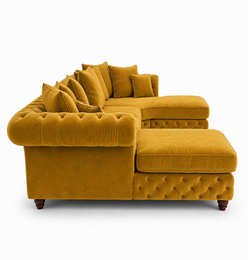 Nicole Large U Shape Plush Velvet Mustard Sofa - Detailed Angle View 2