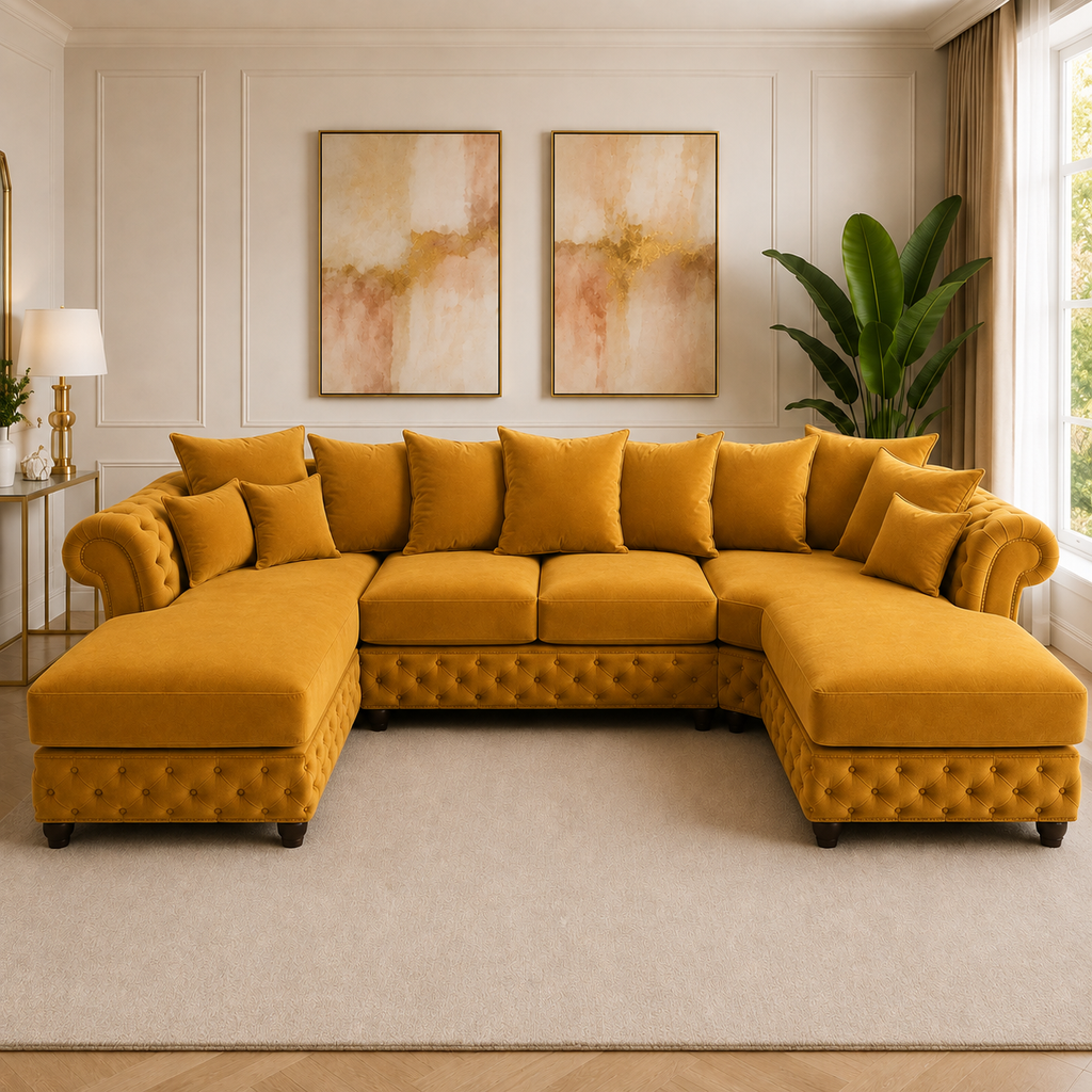 Nicole Large U Shape Plush Velvet Mustard Sofa - Detailed Angle View 4