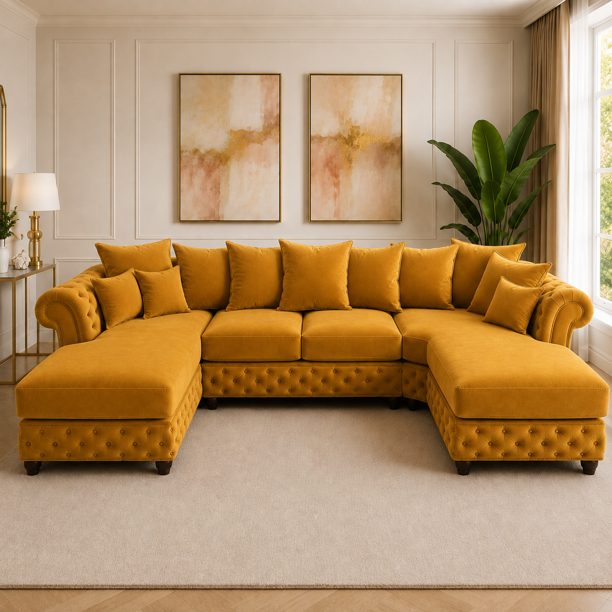 Nicole Large U Shape Plush Velvet Mustard Sofa - Detailed Angle View 4