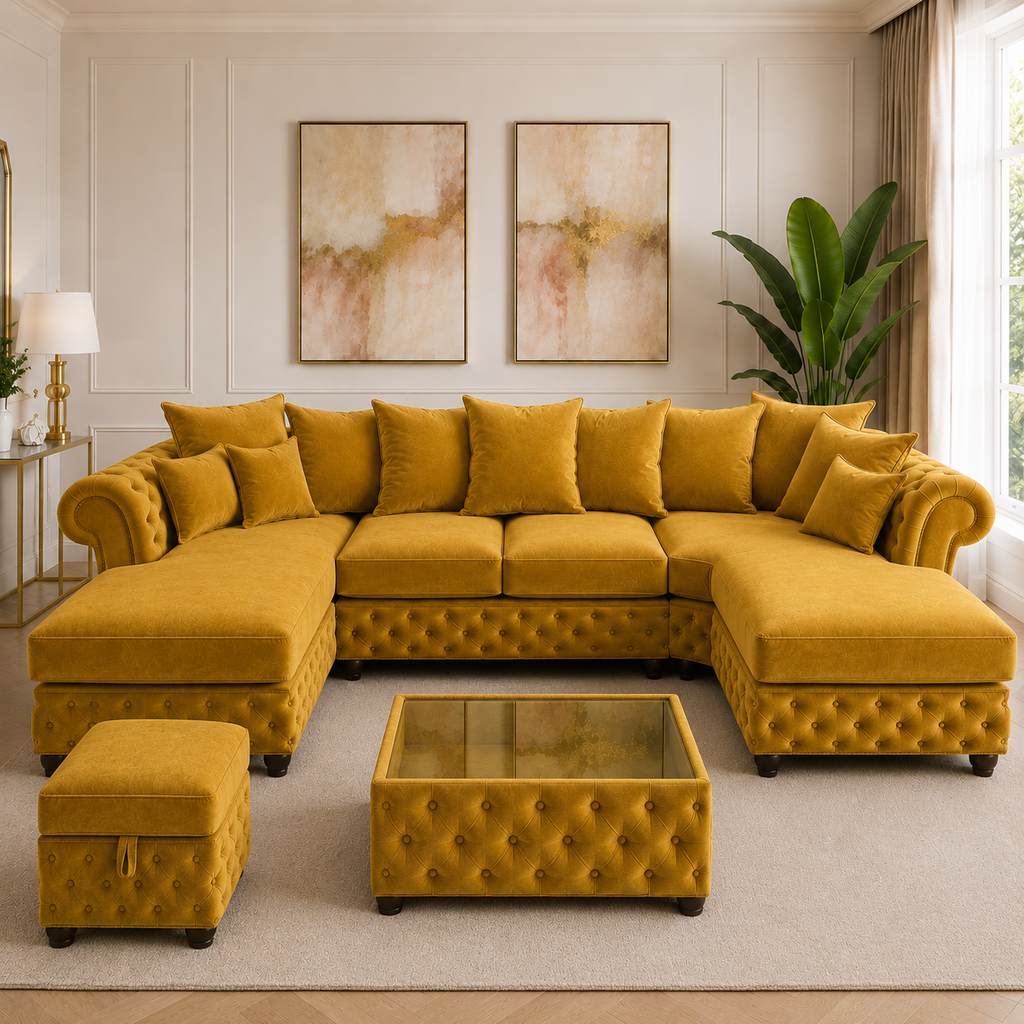 Nicole Large U Shape Plush Velvet Mustard Sofa - Detailed Angle View 5