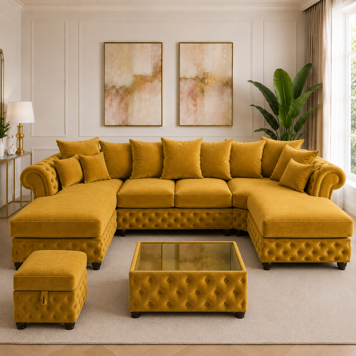 Nicole Large U Shape Plush Velvet Mustard Sofa - Detailed Angle View 5