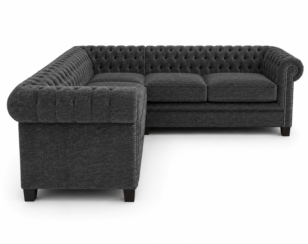 Olympia Chesterfield 5 Seater Corner Sofa Chenille Dark Grey Sofa - Detailed Angle View 2