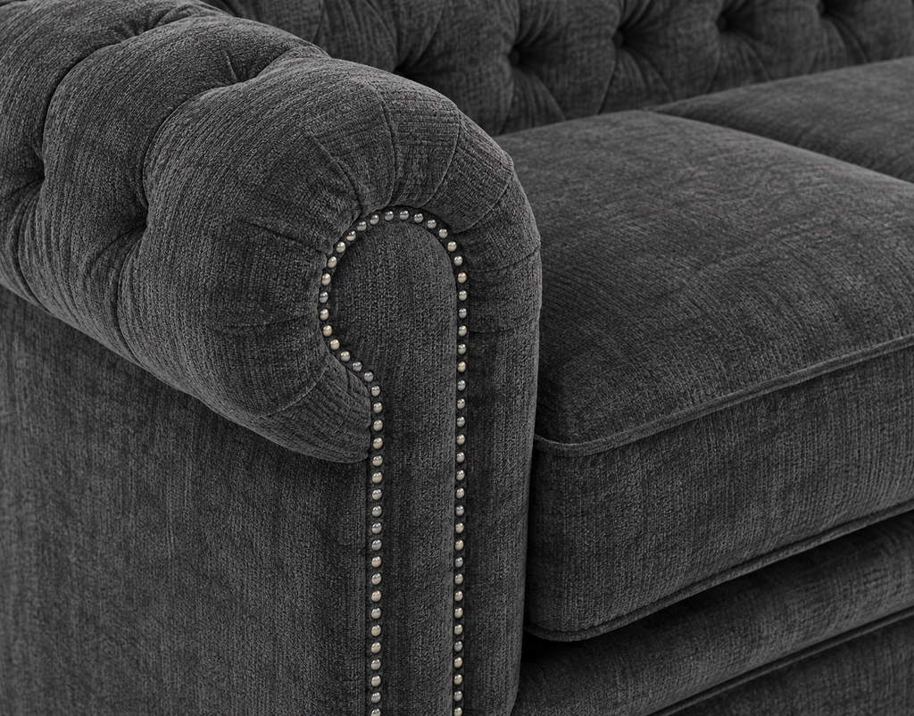 Olympia Chesterfield 5 Seater Corner Sofa Chenille Dark Grey Sofa - Detailed Angle View 3