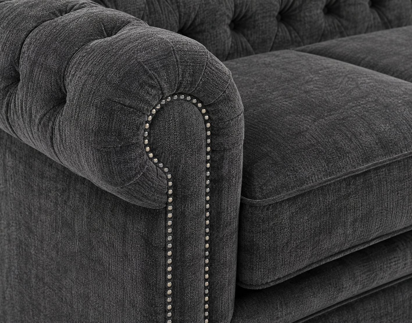 Olympia Chesterfield 5 Seater Corner Sofa Chenille Dark Grey Sofa - Detailed Angle View 3