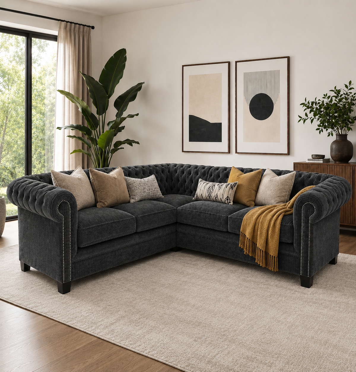 Olympia Chesterfield 5 Seater Corner Sofa Chenille Dark Grey Sofa - Detailed Angle View 5