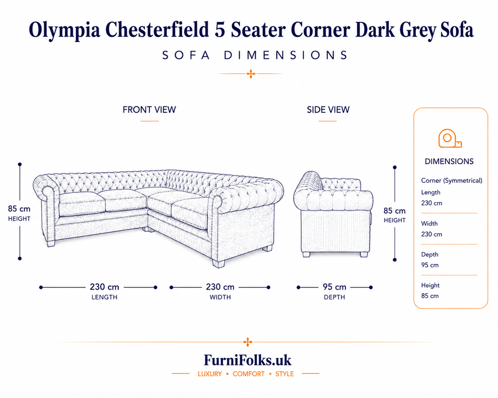 Olympia Chesterfield 5 Seater Corner Sofa Chenille Dark Grey Sofa - Detailed Angle View 6