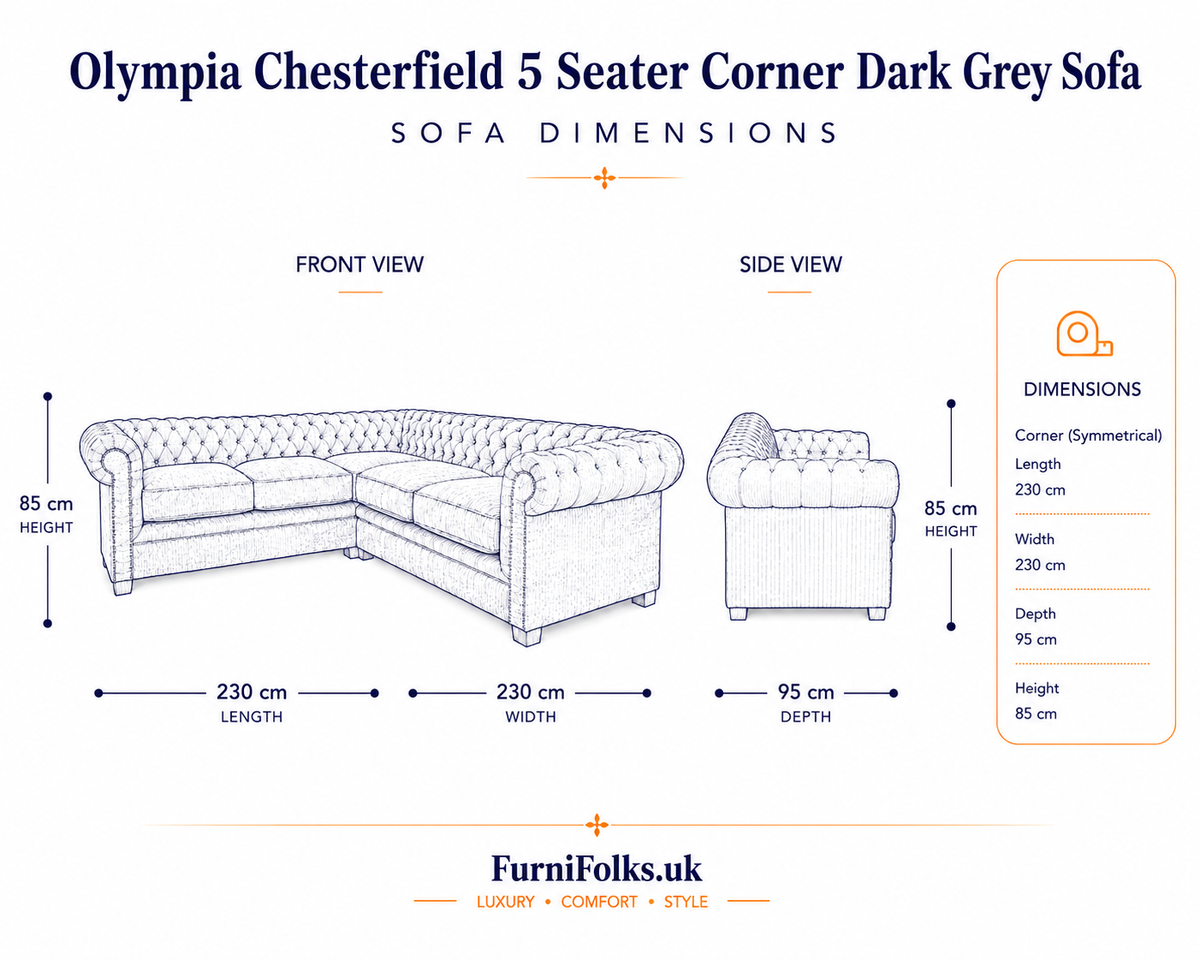 Olympia Chesterfield 5 Seater Corner Sofa Chenille Dark Grey Sofa - Detailed Angle View 6