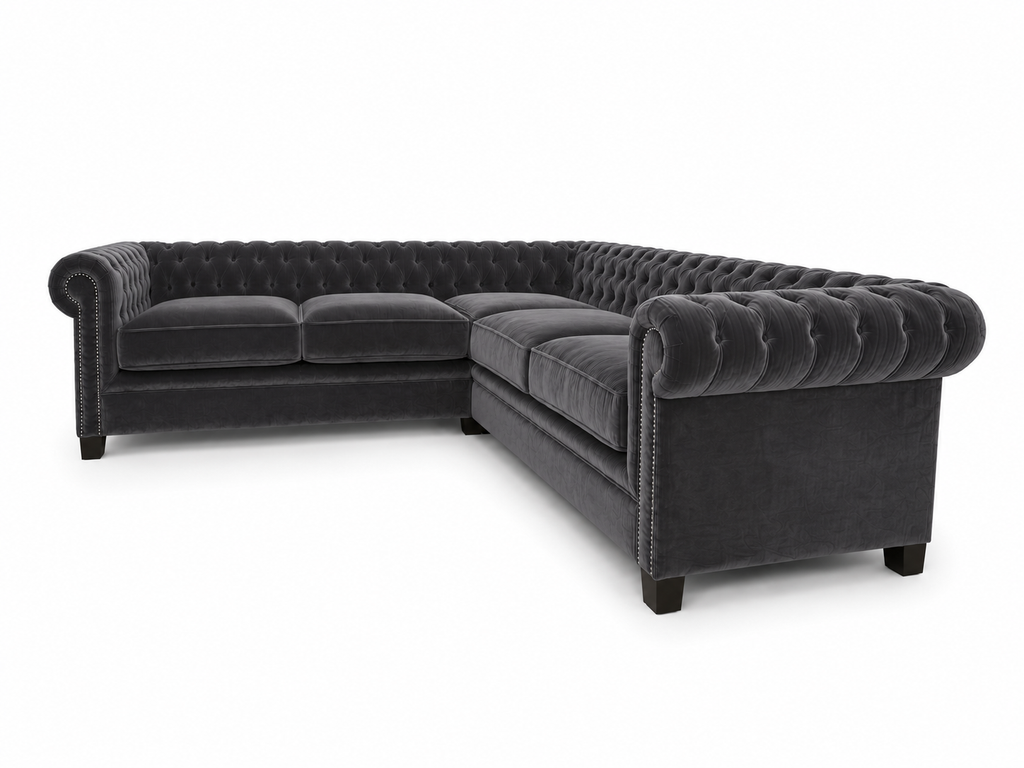 Olympia Chesterfield 5 Seater Corner Sofa Plush Velvet Dark Grey - Detailed Angle View 2