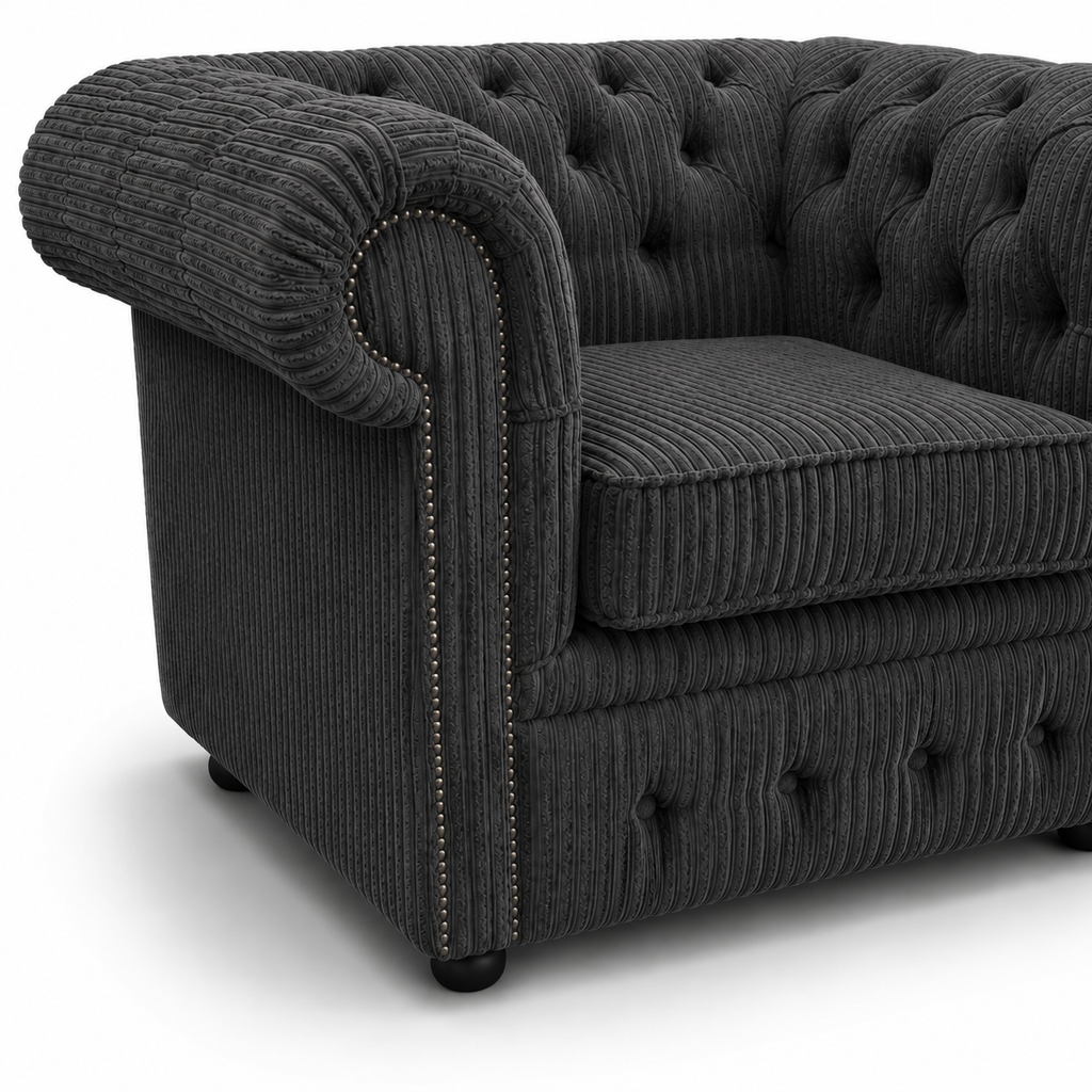 Olympia Chesterfield 1 Seater Jumbo Cord Dark Grey Sofa - Detailed Angle View 3