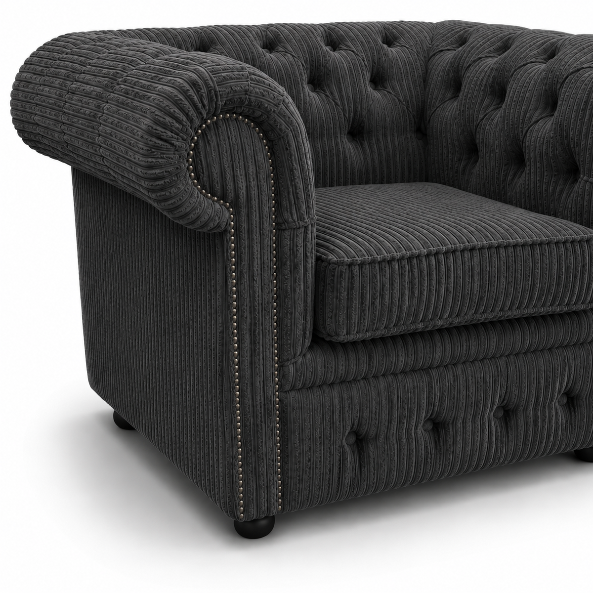 Olympia Chesterfield 1 Seater Jumbo Cord Dark Grey Sofa - Detailed Angle View 3
