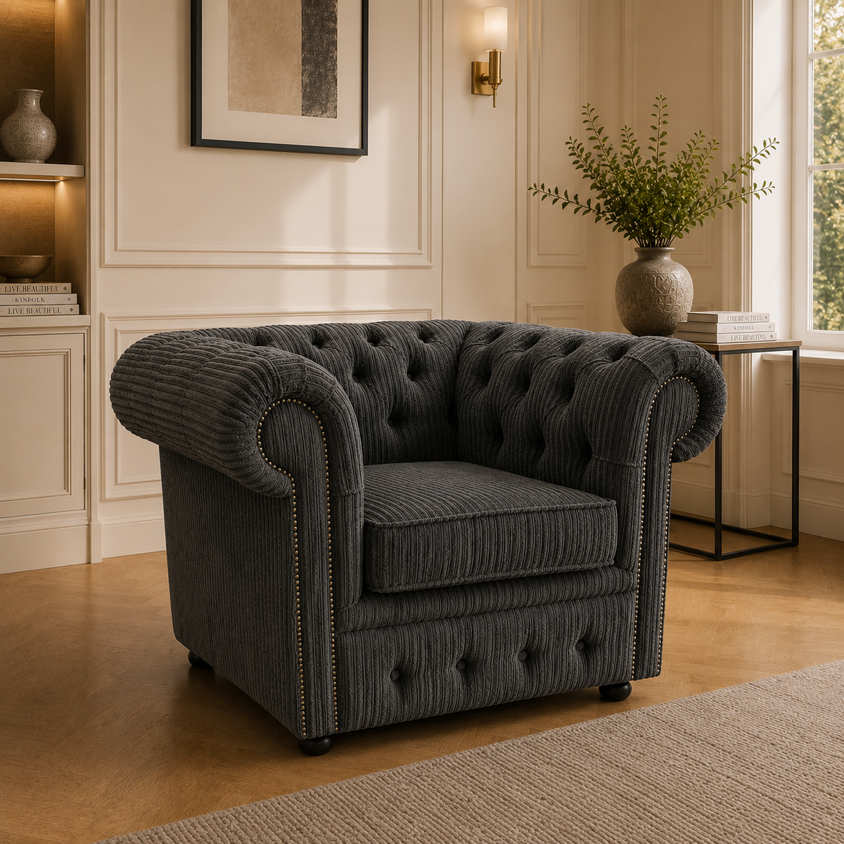 Olympia Chesterfield 1 Seater Jumbo Cord Dark Grey Sofa - Detailed Angle View 4