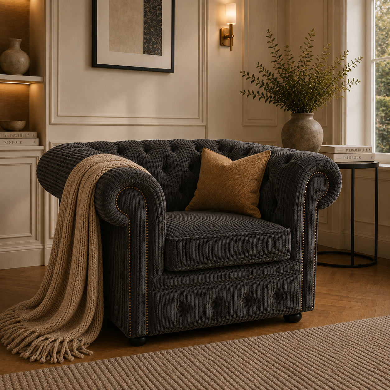 Olympia Chesterfield 1 Seater Jumbo Cord Dark Grey Sofa - Detailed Angle View 5