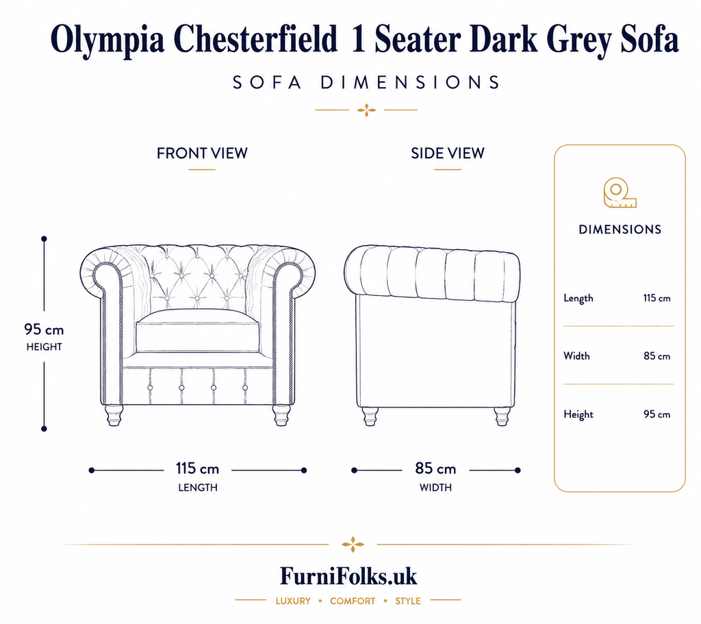 Olympia Chesterfield 1 Seater Jumbo Cord Dark Grey Sofa - Detailed Angle View 6