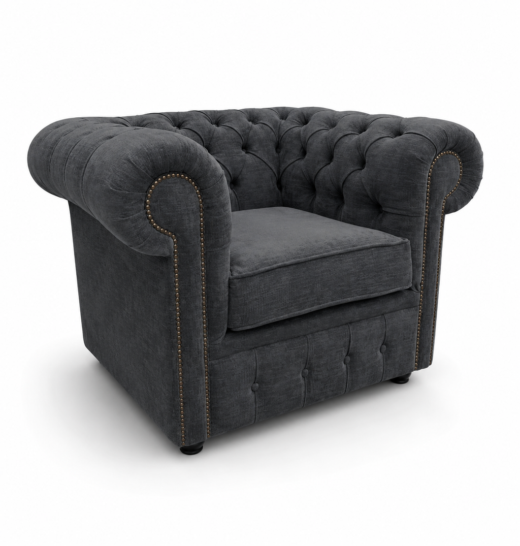 Olympia Chesterfield 1 Seater Naples & Kinsington Dark Grey Sofa - Luxury UK Living Room Showcase