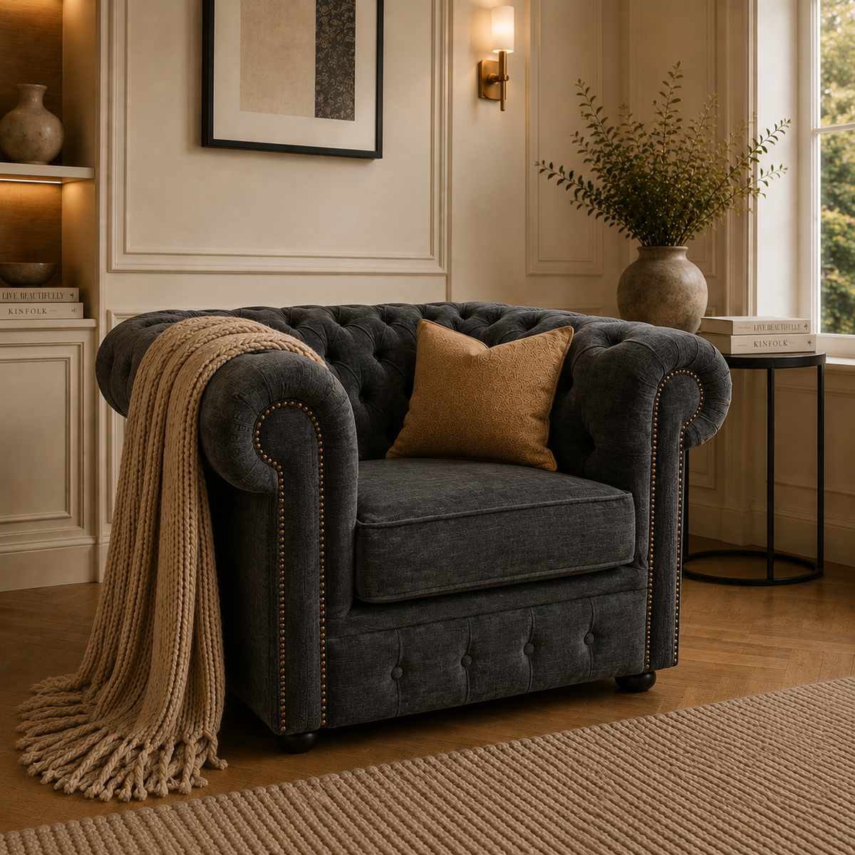 Olympia Chesterfield 1 Seater Naples & Kinsington Dark Grey Sofa - Detailed Angle View 5