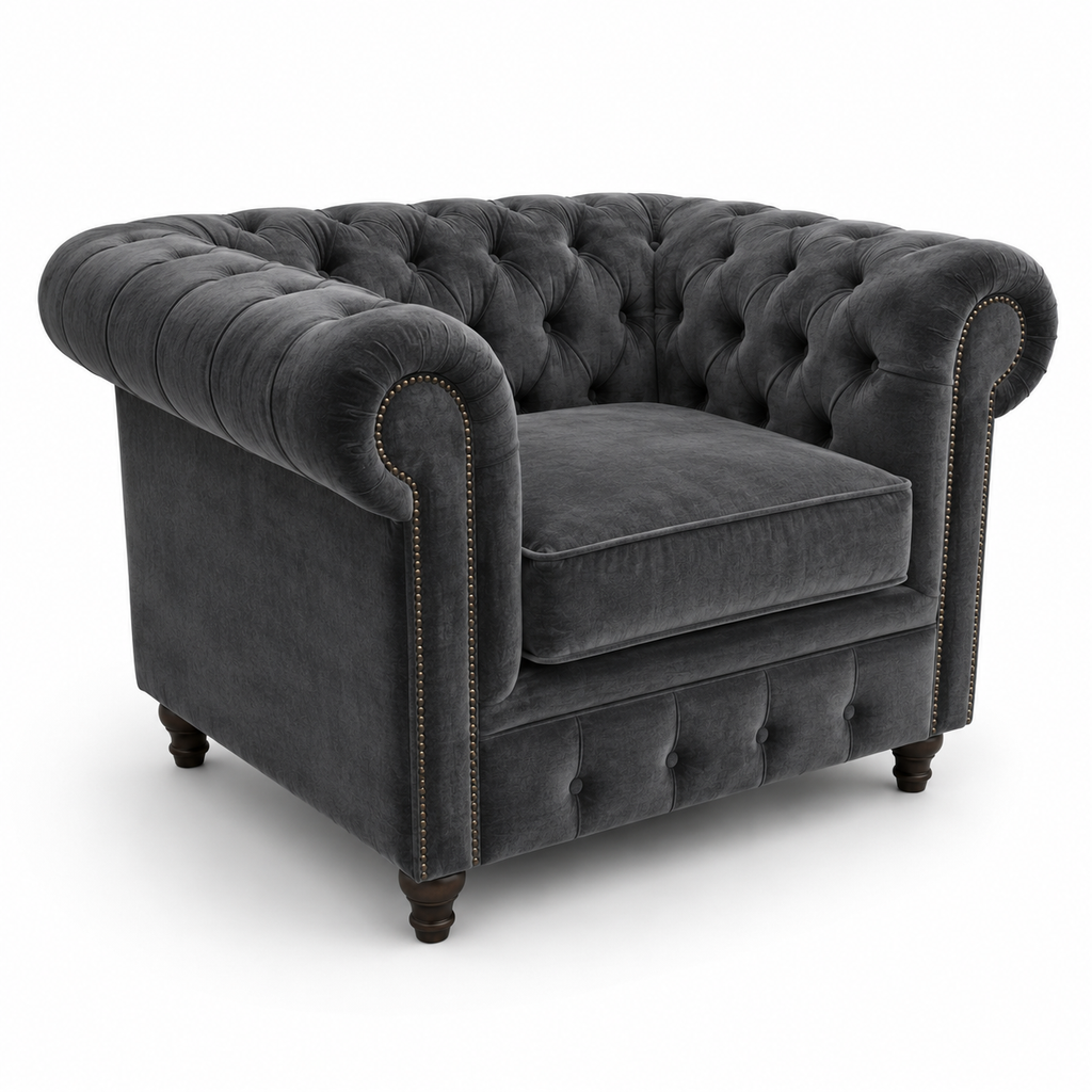 Olympia Chesterfield 1 Seater Plush Velvet Dark Grey Sofa - Luxury UK Living Room Showcase