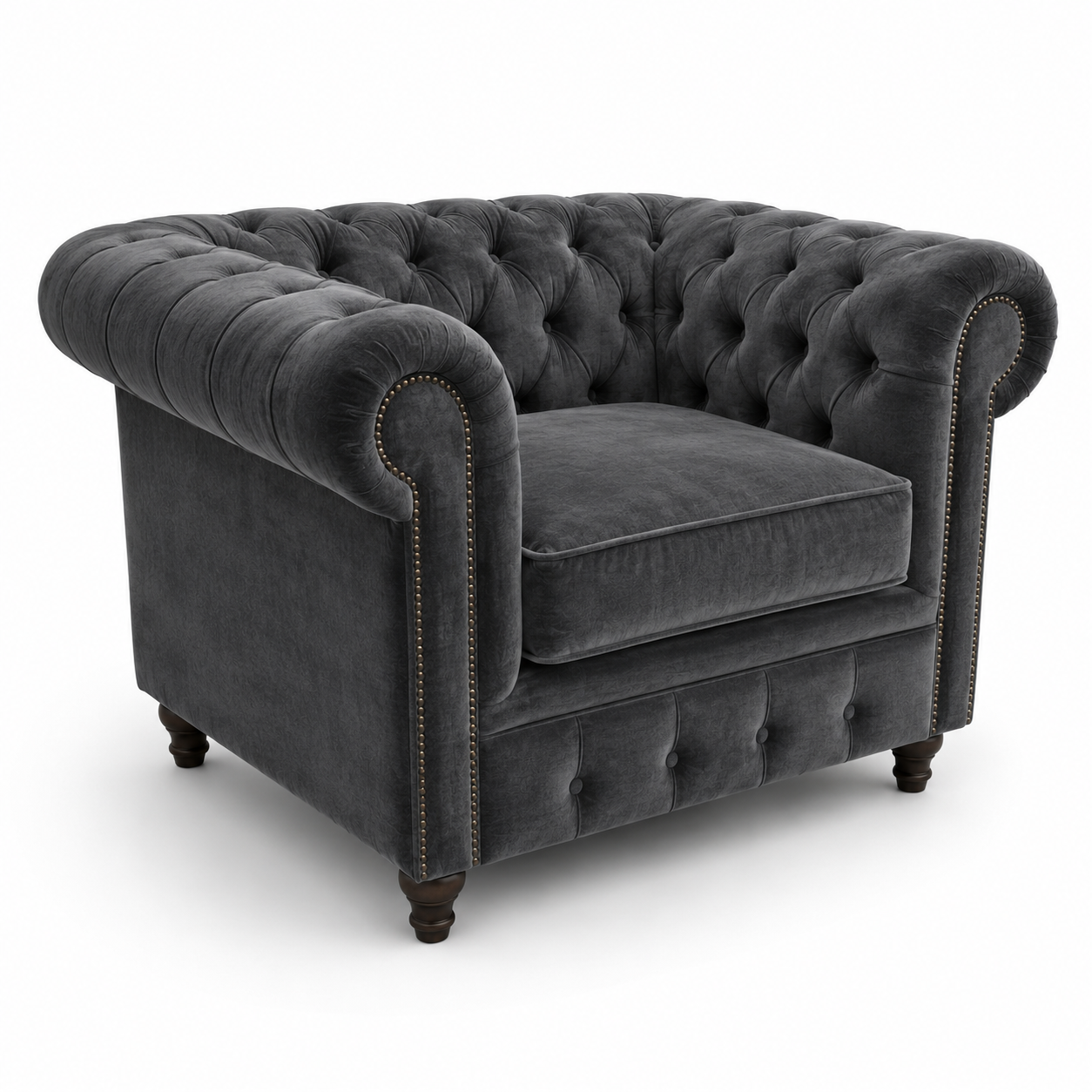 Olympia Chesterfield 1 Seater Plush Velvet Dark Grey Sofa - Luxury UK Living Room Showcase