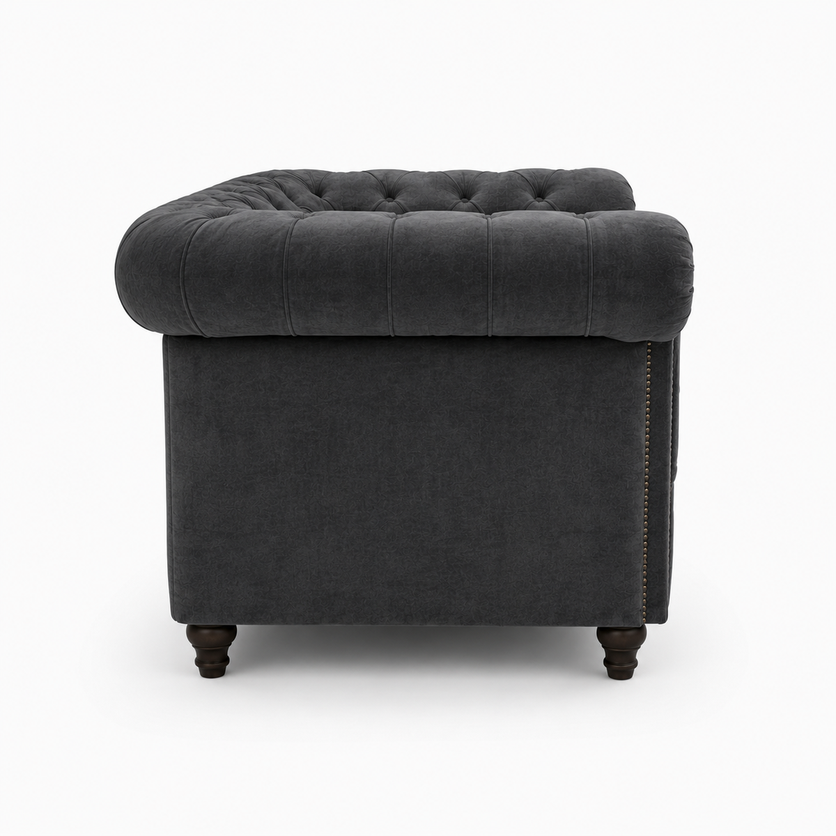 Olympia Chesterfield 1 Seater Plush Velvet Dark Grey Sofa - Detailed Angle View 2