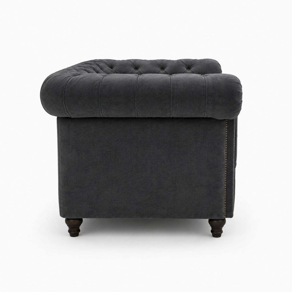 Olympia Chesterfield 1 Seater Plush Velvet Dark Grey Sofa - Detailed Angle View 2