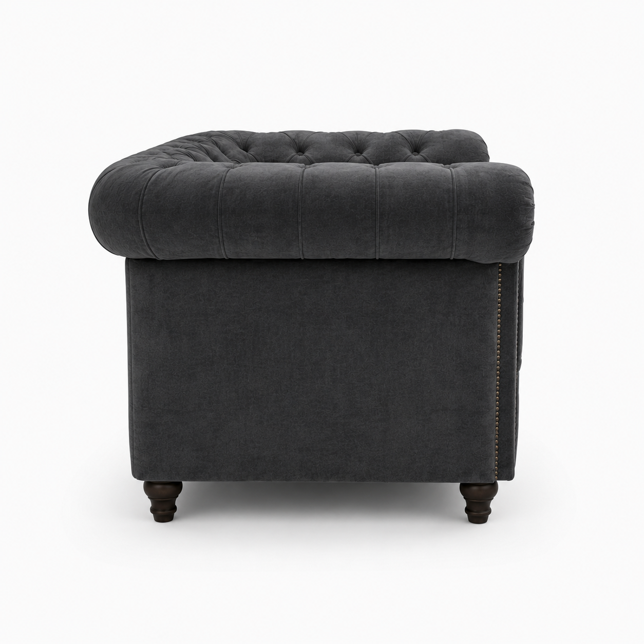 Olympia Chesterfield 1 Seater Plush Velvet Dark Grey Sofa - Detailed Angle View 2