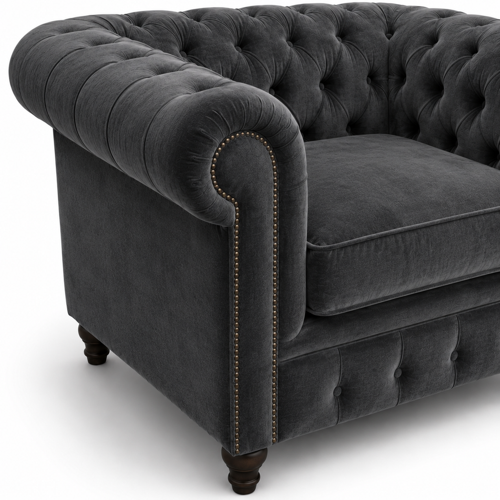 Olympia Chesterfield 1 Seater Plush Velvet Dark Grey Sofa - Detailed Angle View 3