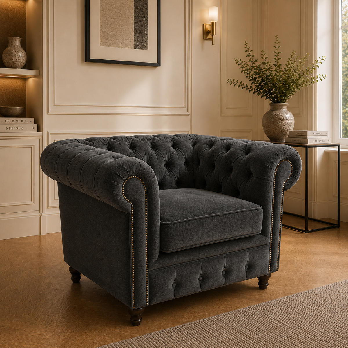 Olympia Chesterfield 1 Seater Plush Velvet Dark Grey Sofa - Detailed Angle View 4