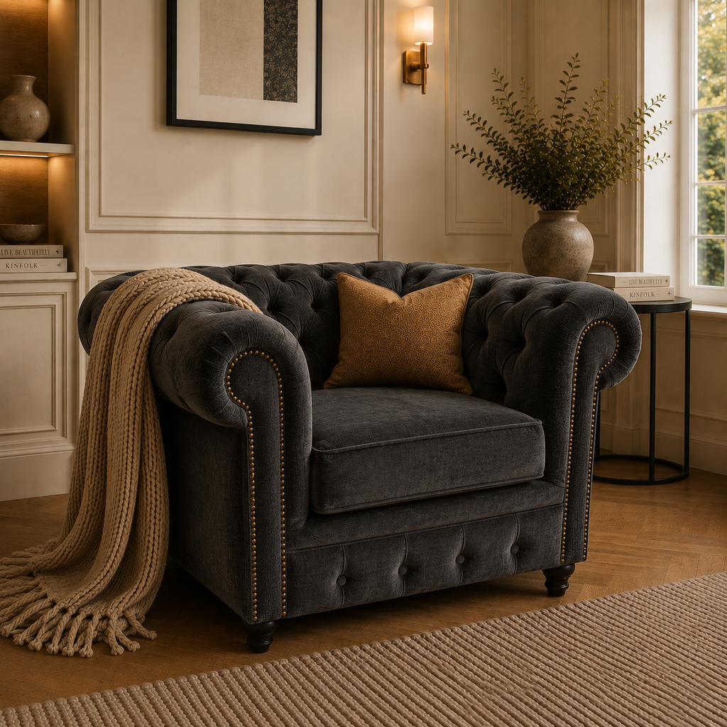 Olympia Chesterfield 1 Seater Plush Velvet Dark Grey Sofa - Detailed Angle View 5
