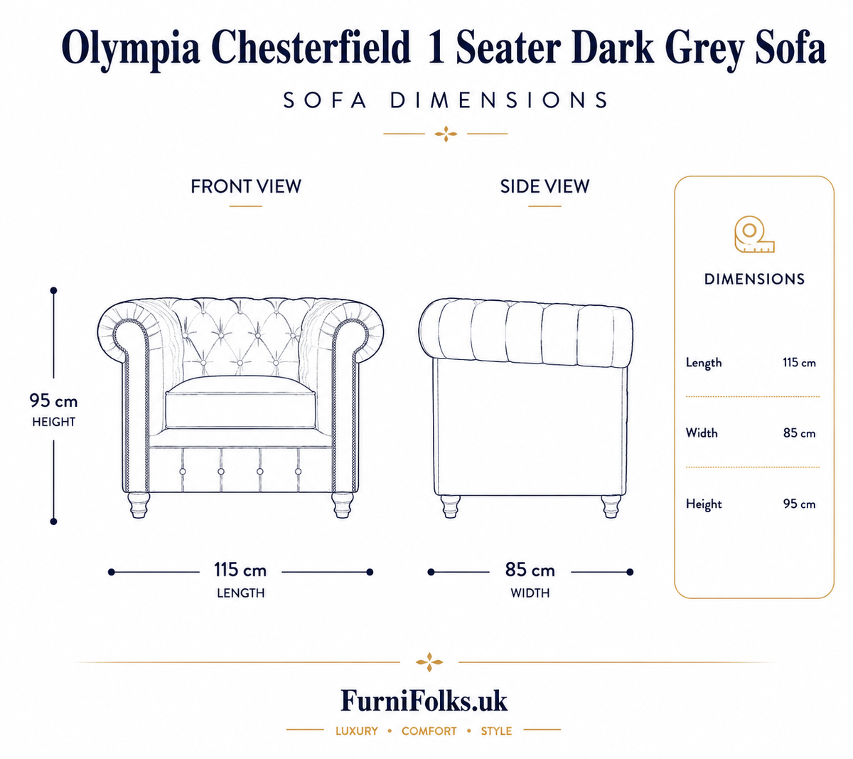 Olympia Chesterfield 1 Seater Plush Velvet Dark Grey Sofa - Detailed Angle View 6