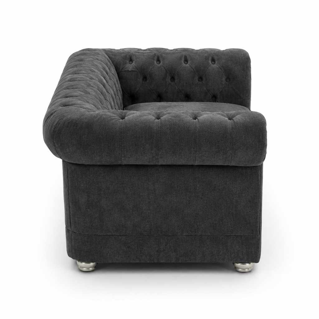 Olympia Chesterfield 2 Seater Chenille Dark Grey Sofa - Detailed Angle View 2