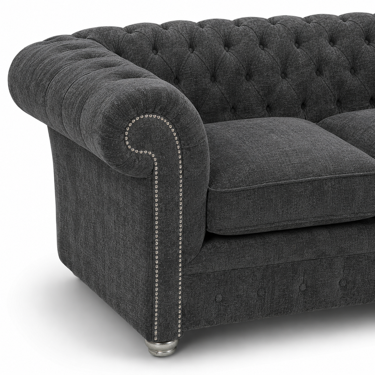 Olympia Chesterfield 2 Seater Chenille Dark Grey Sofa - Detailed Angle View 3