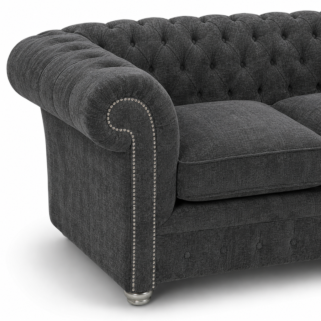 Olympia Chesterfield 2 Seater Chenille Dark Grey Sofa - Detailed Angle View 3