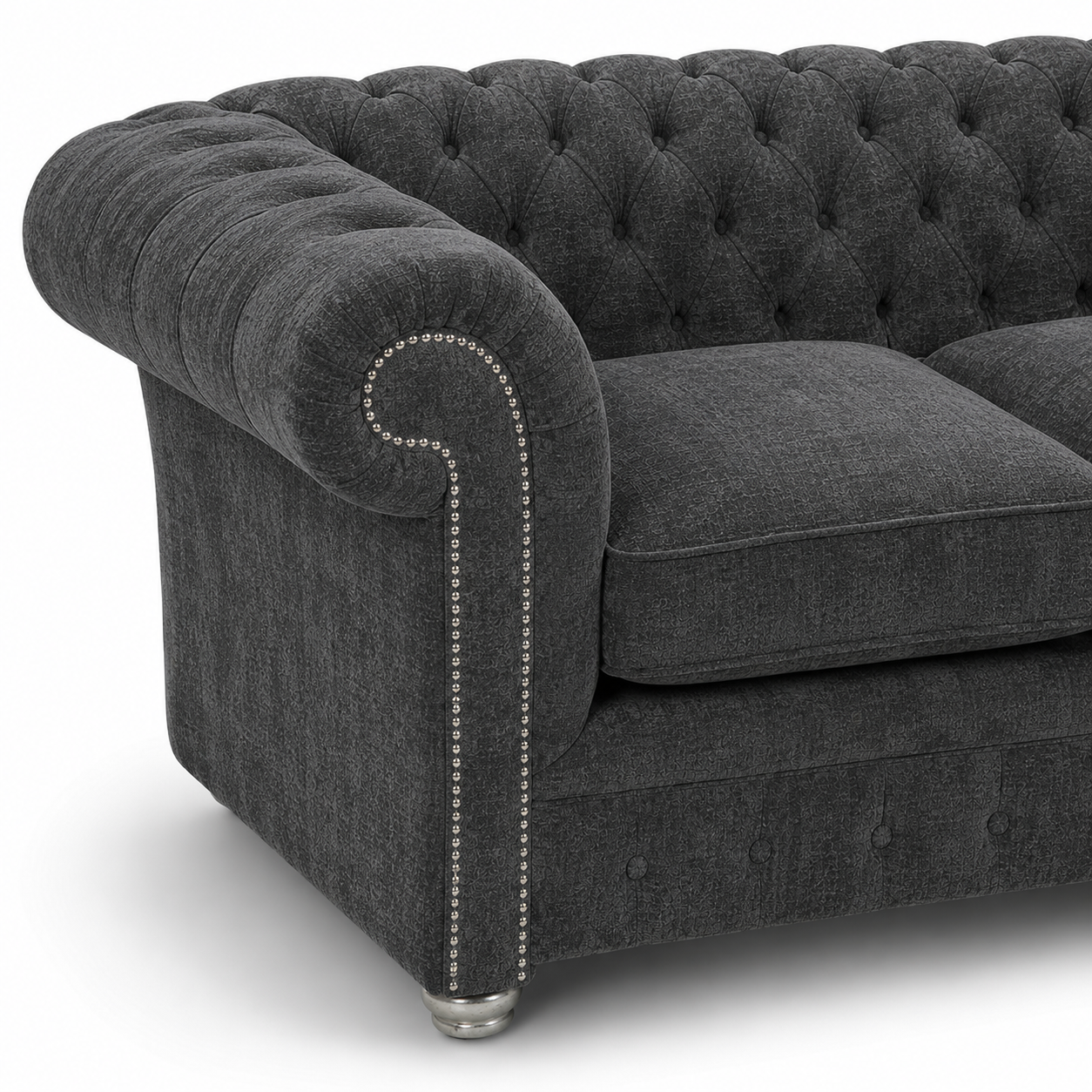 Olympia Chesterfield 2 Seater Chenille Dark Grey Sofa - Detailed Angle View 3