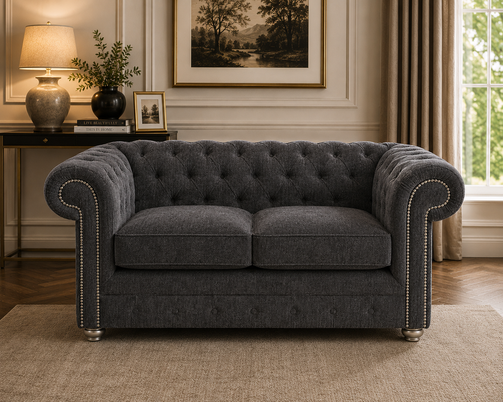 Olympia Chesterfield 2 Seater Chenille Dark Grey Sofa - Detailed Angle View 4