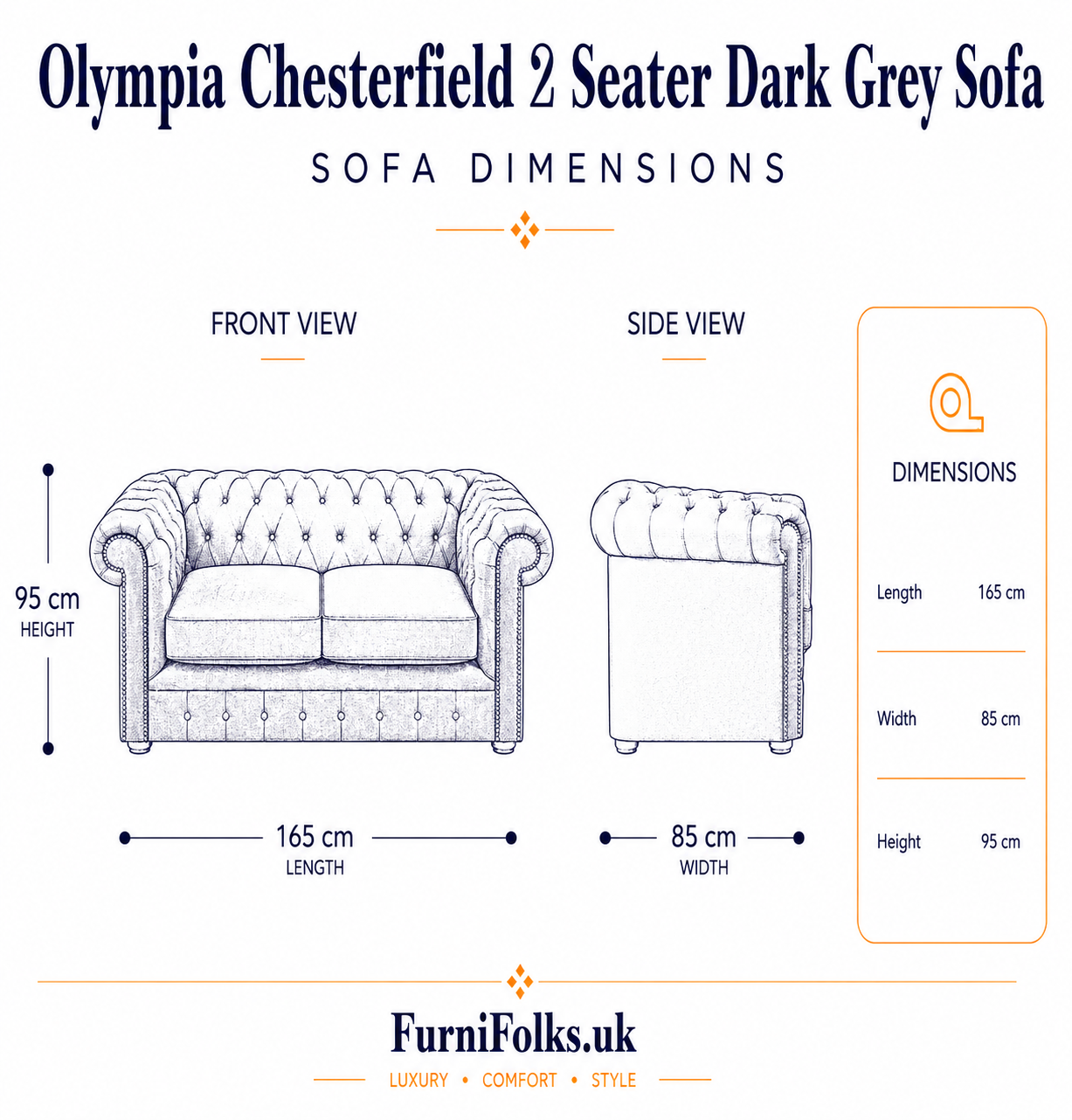 Olympia Chesterfield 2 Seater Chenille Dark Grey Sofa - Detailed Angle View 6