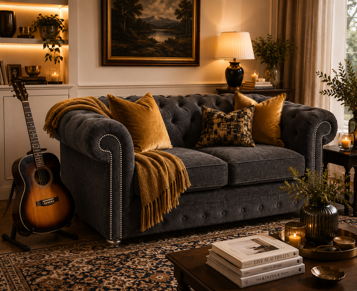 Olympia Chesterfield 2 Seater Chenille Dark Grey Sofa - Detailed Angle View 5