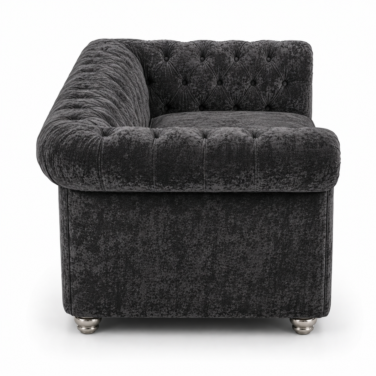 Olympia Chesterfield 2 Seater Crushed Velvet Dark Grey Sofa - Detailed Angle View 2