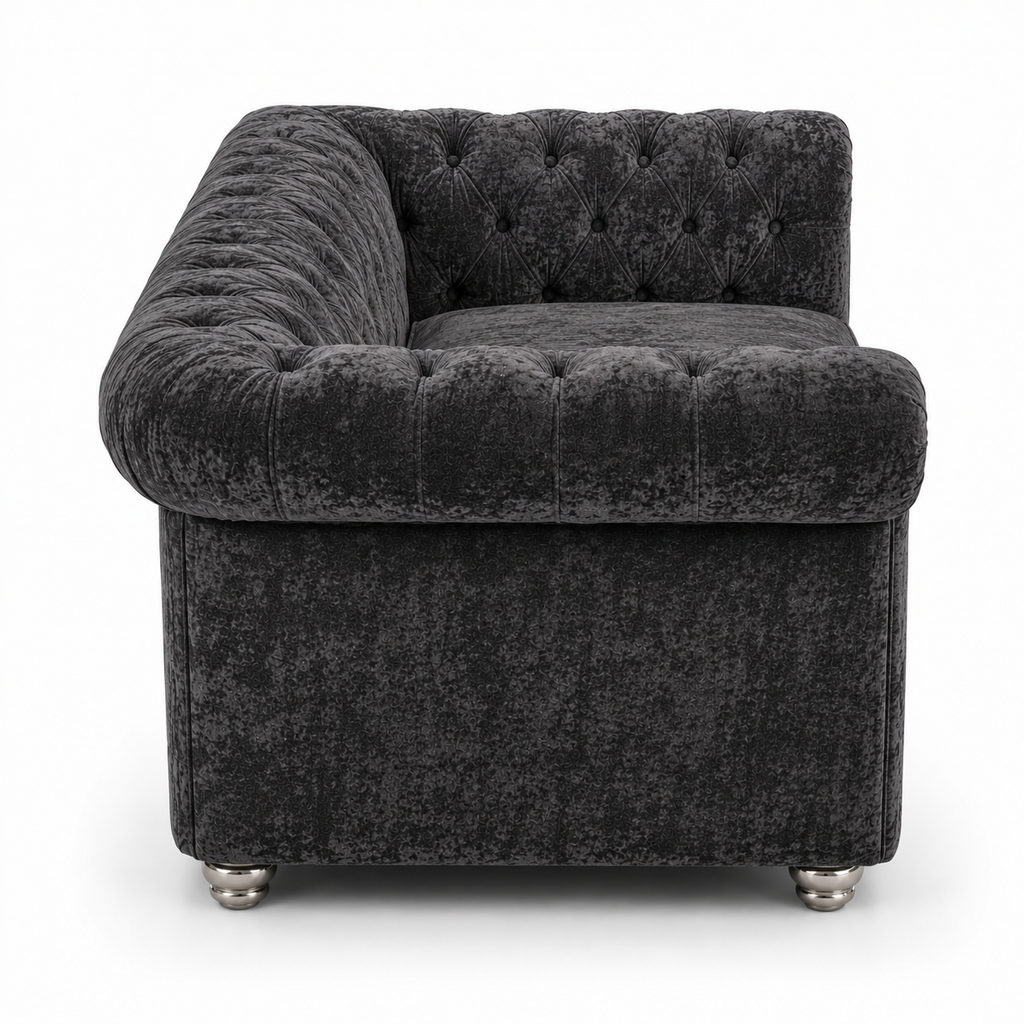 Olympia Chesterfield 2 Seater Crushed Velvet Dark Grey Sofa - Detailed Angle View 2