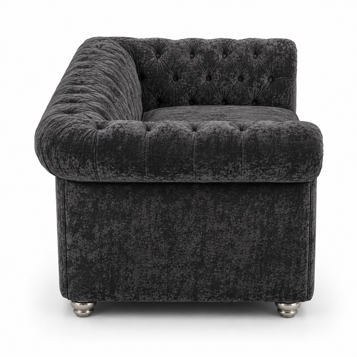 Olympia Chesterfield 2 Seater Crushed Velvet Dark Grey Sofa - Detailed Angle View 2