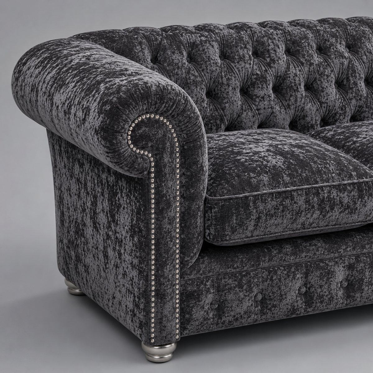 Olympia Chesterfield 2 Seater Crushed Velvet Dark Grey Sofa - Detailed Angle View 3