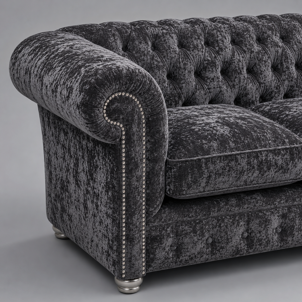 Olympia Chesterfield 2 Seater Crushed Velvet Dark Grey Sofa - Detailed Angle View 3